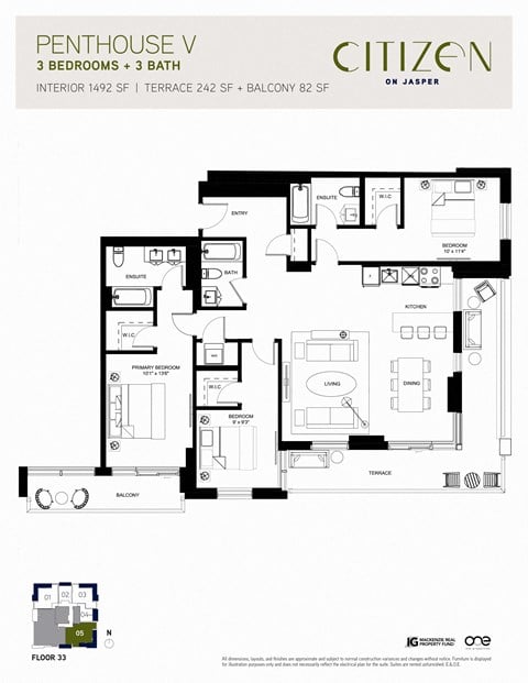 Floor plan for 3 beds, 3 baths, 1492 sqft